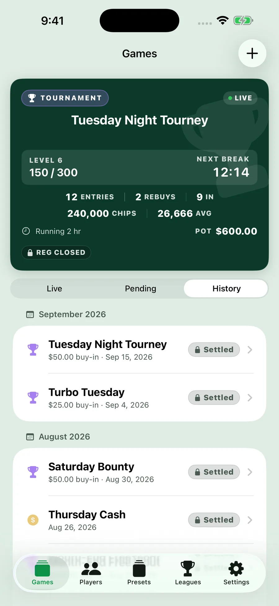 Felt: games list with the live tournament above settled nights
