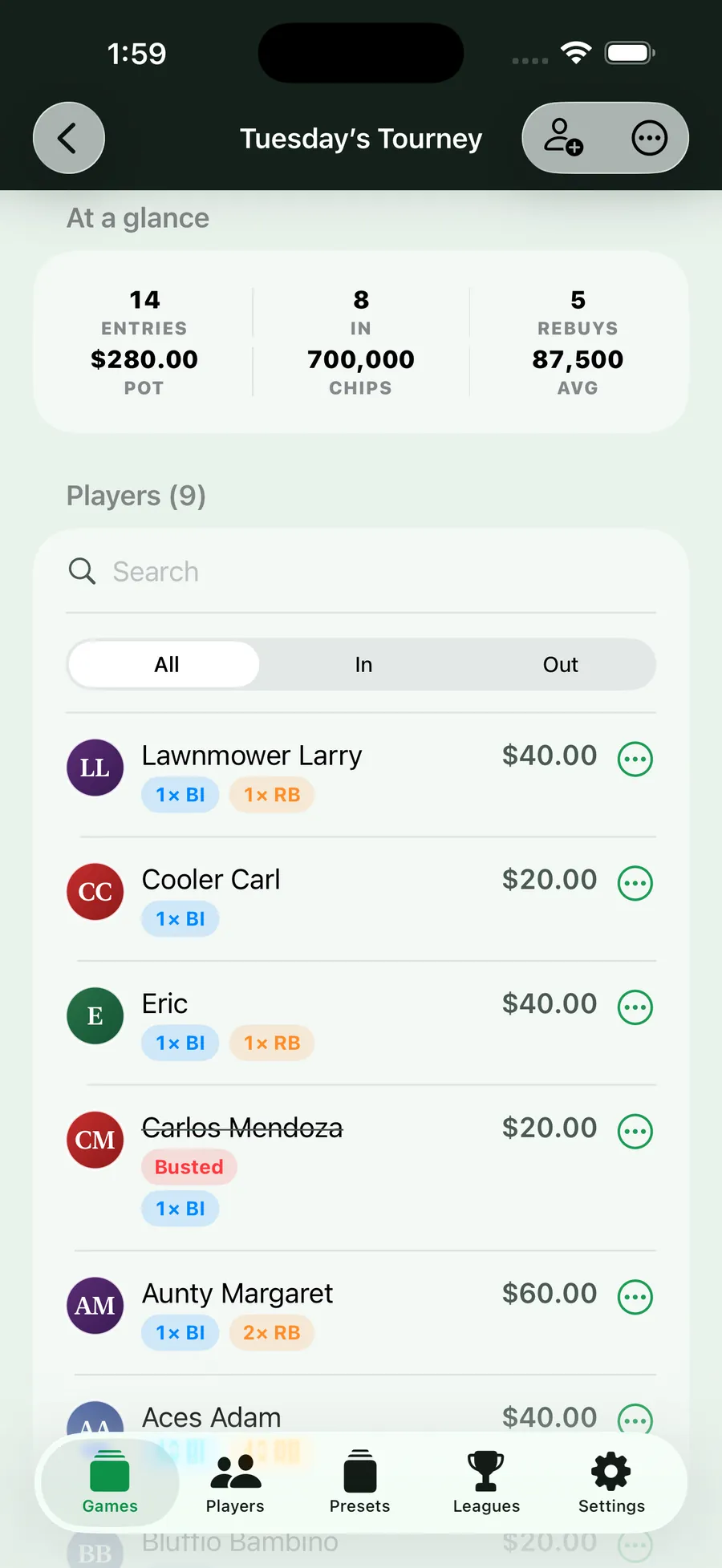 Felt: game ledger with buy-ins, rebuys, and cashouts