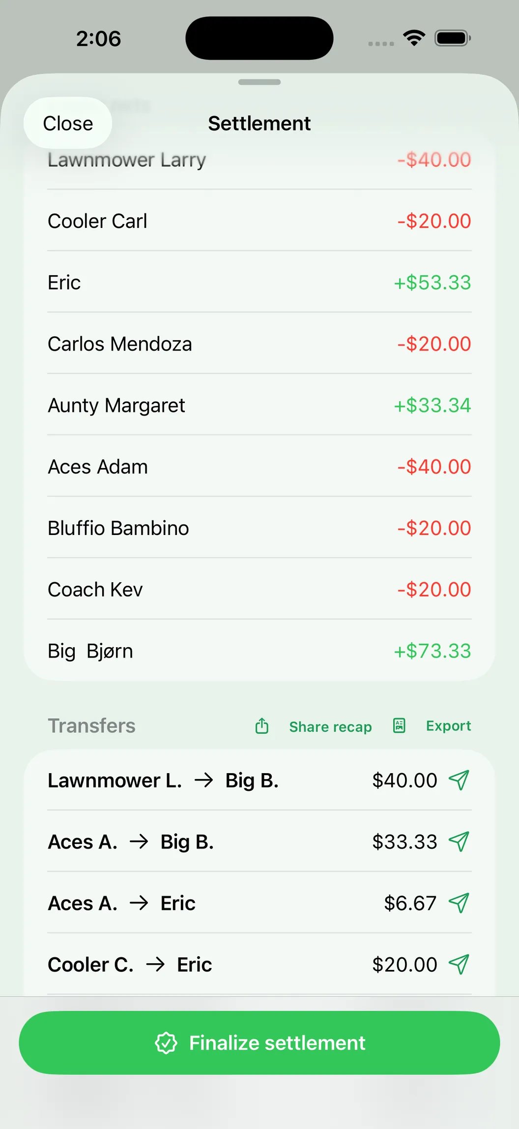 Felt: settlement screen with one-tap payment transfers