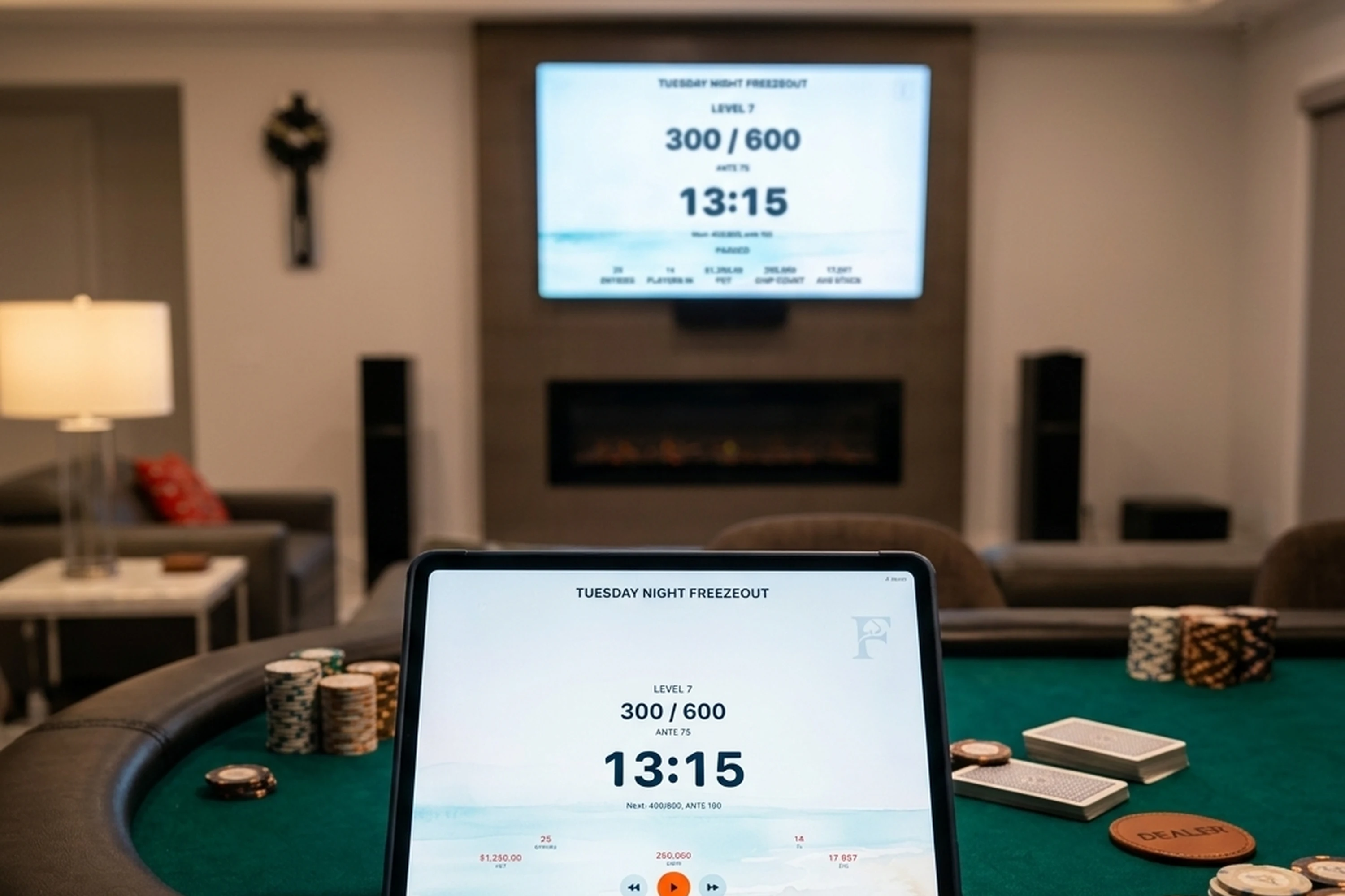 Felt on iPad running a tournament blind clock, AirPlayed to a TV behind the table